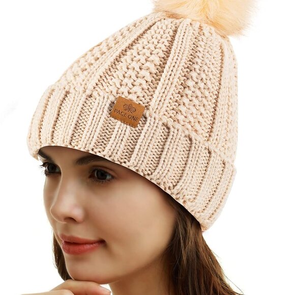 Womens Winter Thick Cable Knit Beanie Faux Fur Pom Hat Fleece Lined Skull Cap - Picture 2 of 6